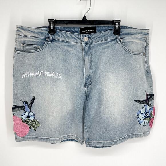 Homme + Femme NEW Embroidered Paradise Denim Shorts Unisex 44 Blue Hummingbird - Picture 1 of 12
